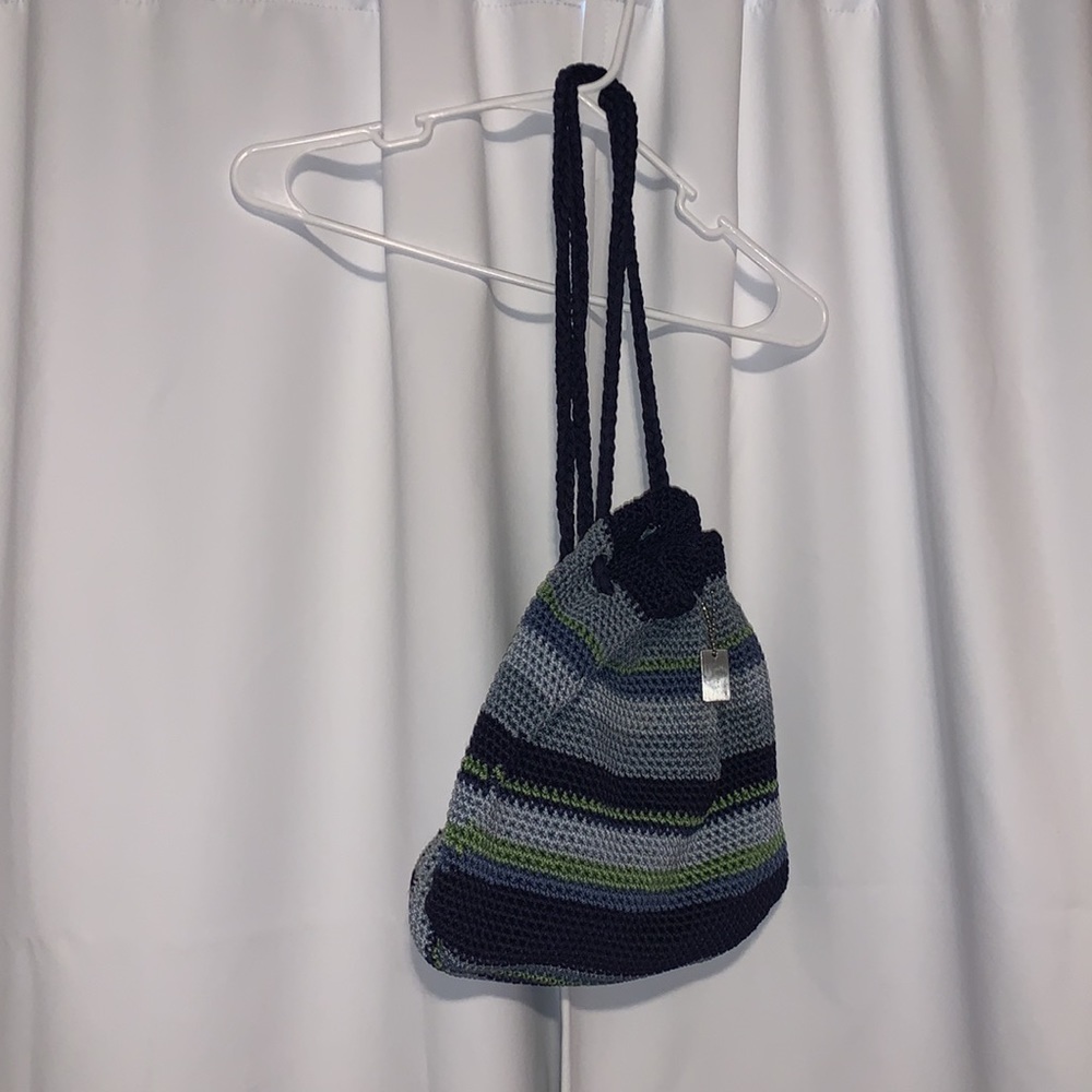 Lina blue & green knit crochet hobo backpack saggy